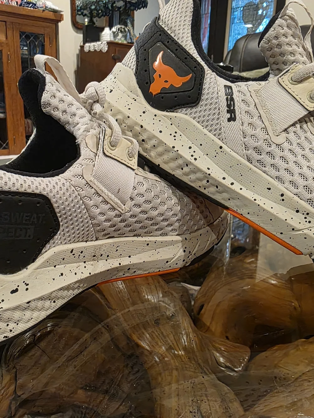 Under Armour Project Rock Sand Mesh Trainers with Orange Logo